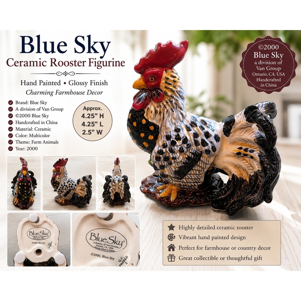 Blue Sky Ceramic Rooster Figurine Hand Painted Farmhouse Decor 2000 Multicolor